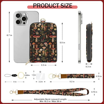 Daily Carry Roomy Leather Zipper Lanyard Wallet for Women, Adjustable Lanyard with ID Holder, RFID Badge Holder, Wristlet, 3 Clear Multiuse Card, 2 Key Ring, 1 Phone Strap for Teacher Office - color: Squirrel Mushroom