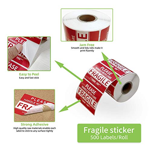 2" x 3" Fragile Stickers for Shipping and Moving Please Handle with Care Fragile Thank You Do Not Drop, Warning Stickers Fragile Labels, Permanent Adhesive(500 Labels, 1 Roll)