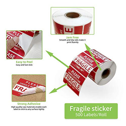2" x 3" Fragile Stickers for Shipping and Moving Please Handle with Care Fragile Thank You Do Not Drop, Warning Stickers Fragile Labels, Permanent Adhesive(500 Labels, 1 Roll)