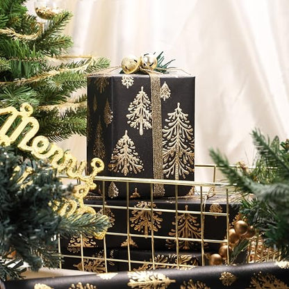 WRAPAHOLIC 3D Kraft Christmas Wrapping Paper Roll - Mini Roll - 17 Inch x 16.5 Feet - Gold and Black Christmas Tree Wrapping Paper with Embossed Perfect for Holiday, Party Celebration - color: Christmas Tree - Black & Gold, size: 17 inch x 16.5 feet