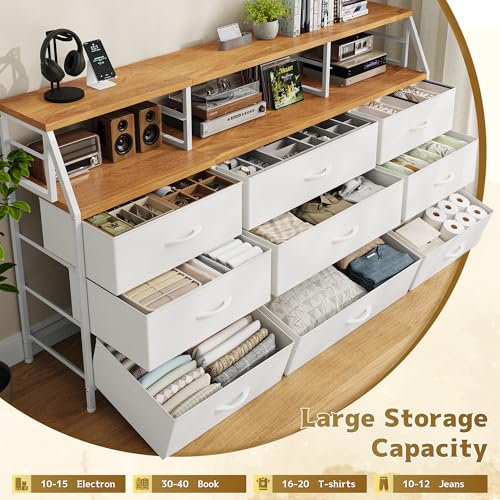 Homkdom White Dresser for Bedroom with 9 Fabric Drawers & Display Top Shelf - color: White