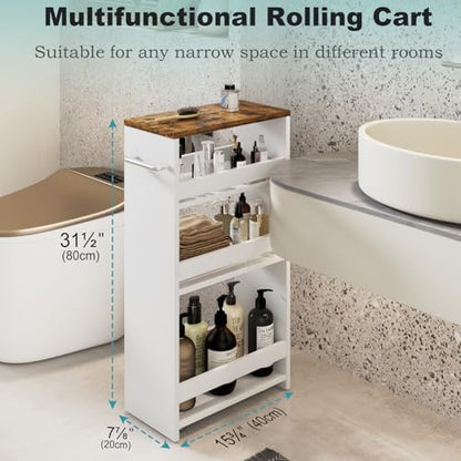 MARTY Slim Rolling Storage Cart 7.9" W Laundry Cart with Wheels,Brown+White - color: White, size: 7.9"D x 15.75"W x 31.5"H