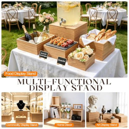 9 Pcs Extra Large 12" Wooden Buffet Risers Set with Mini Sign Food Risers for Buffet Table Multi Size Cake Display Stands for Party Wedding Dessert Jewelry Home Decor