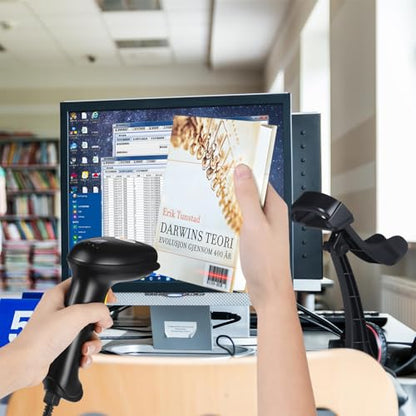 WoneNice Hands-Free USB Barcode Scanner with Stand for School Book Checkout