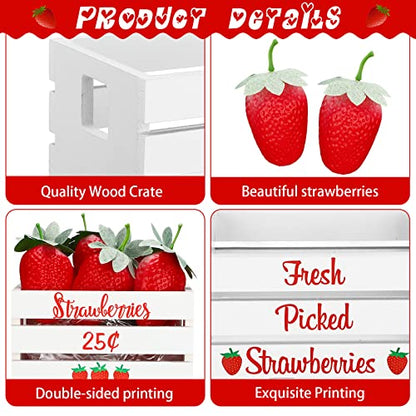 Maitys Mini Strawberry Table Decor, Wooden Crate with 8 Faux Strawberries