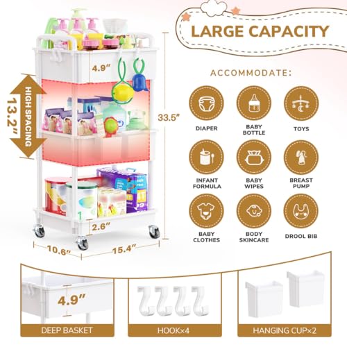 Goovilla Diaper Cart with Lockable Wheels and Easy Assembly, 3 Tier White - color: White