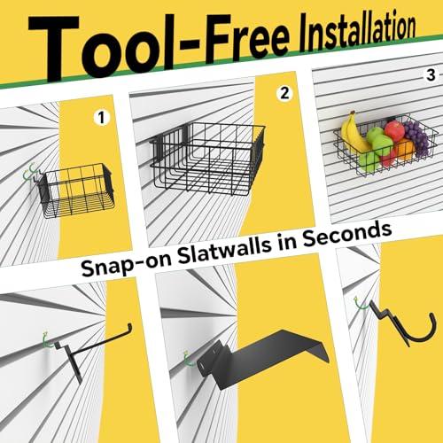 30 PCS Slatwall Accessories Kit, with 4 Pcs Slatwall Baskets, 6 Pcs Slatwall Shelves, 10 Pcs 6 Inch Slatwall Hooks, 10 Pcs Slatwall Hooks, Shelves Heavy Duty for Garage, Shop Organizing, Display