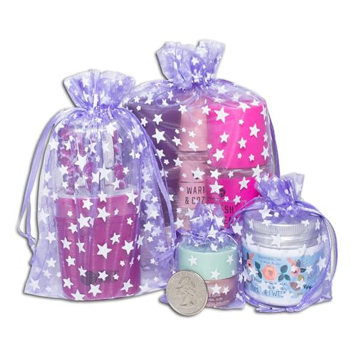 100 Sheer Organza Gift Bags w. Drawstring - Metallic Star by TheDisplayGuys - color: Lavender / White Stars