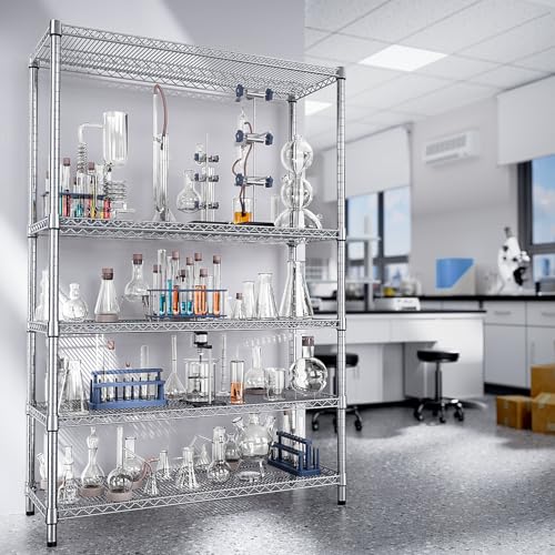 IZEUK 4250 LBS Garage Shelving Wide Storage Shelves 5 Tier Metal Shelves Heavy Duty Adjustable Utility Shelf Rack Chrome 17.7" D x 59.1" W x 70.4" H - color: Chrome, size: 5 Tier, 17.7" D x 59.1" W x 70.4" H