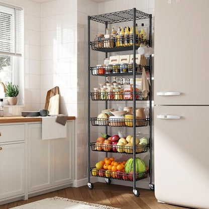 DurayLoly 7-Tier 300LBS Basket Wire Shelving Unit, Locking Wheels, Black - size: 72" H x 24" W x 14" D