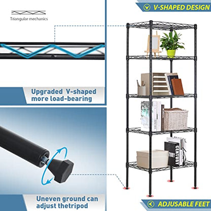 BestOffice | 5-Tier Wire Shelf with Wheels | 16.7" x 11.8" x 47.6" | Black - color: Black, size: 16.7L×11.8W×47.6H