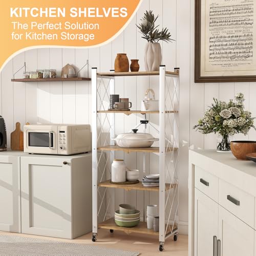5-Tier Foldable Storage Shelves with Wheels Wood Grain Transfer - color: Natural, size: 5 Tier