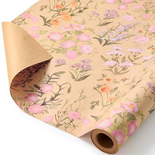 WERNNSAI Kraft Floral Wrapping Paper 17 In x 33 Ft Wild Flower Gift Wrap - color: Spring Wildflowers