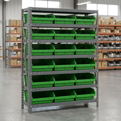 Quantum Storage 1239-109 Steel Shelf Bin Organizer System, 18 4"H Hopper-Front Bins, 7-Shelf Unit, 400 lb Per Shelf, for Warehouse, Shop, Garage & Stockroom, 12"D x 36"W x 39"H, Green - size: 39" H x 36" W x 12" D, style: 12" L x 12" W x 4" H 18 Economy G