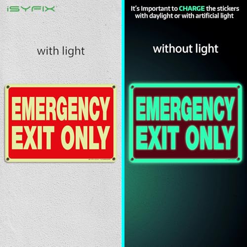 iSYFIX Emergency Exit Only Glow in the Dark Sign, 10x7 Inch, 12 Pack - size: 12 Pk 10x7, style: Plastic Glow