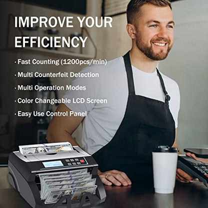 Bill Counter Machine with UV/MG/MT/IR/DD Counterfeit Detection, Money Counter with ADD and Batch Cash Counting Modes, Money Machine Counts Value of Sorted US Dollar, Cash Counter, LCD Display - color: Standard-lcd Display Black