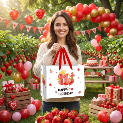 Strawberry 1st Birthday Gift Bag for Baby Girls with Tissue Paper and Card