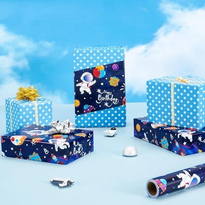 WERNNSAI Space Wrapping Paper Roll 33ft Navy Blue Astronaut Wrapping Paper - color: Blue Space