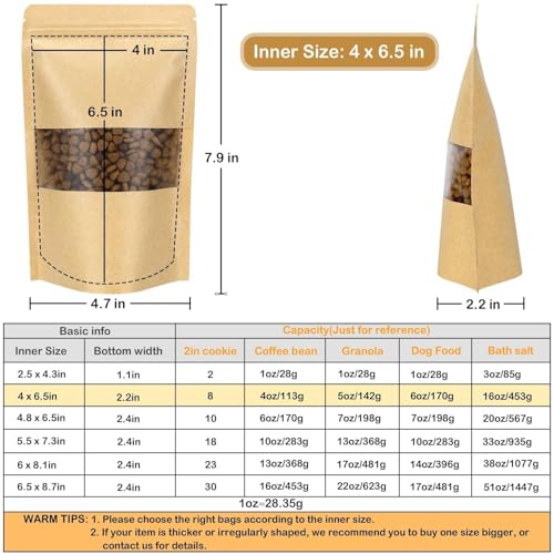50 Pack Kraft Resealable Bags with Window for Storage (4 x 6.5 Inches) - size: 4 x 6.5 Inches