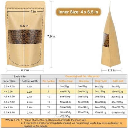 50 Pack Kraft Resealable Bags with Window for Storage (4 x 6.5 Inches) - size: 4 x 6.5 Inches