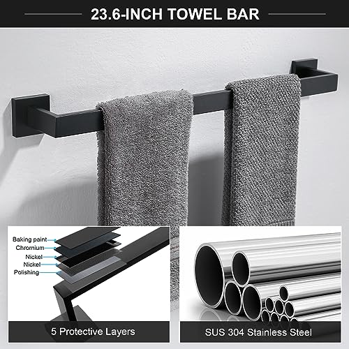 TQKAG 6-Piece Towel Bar Set, 23.6 Inch Bathroom Hardware Set, Matte Black - color: Matte Black, size: 6-Pieces Set-A