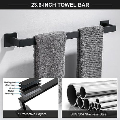 TQKAG 6-Piece Towel Bar Set, 23.6 Inch Bathroom Hardware Set, Matte Black - color: Matte Black, size: 6-Pieces Set-A
