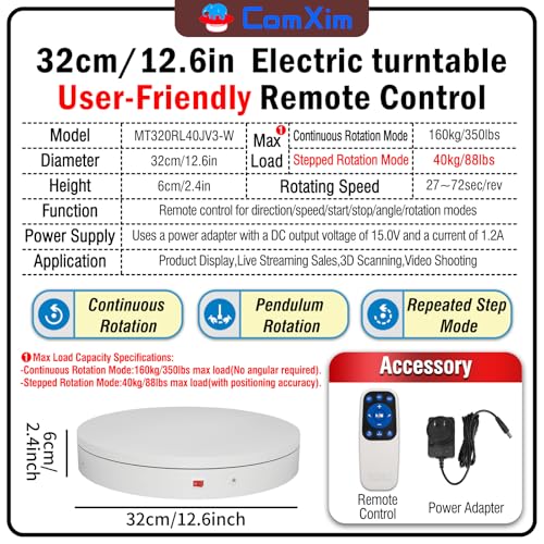 12.6Inch/350lbs Capacity Large Rotating Platform,Remote Rotating Display Stand ,Electric Motorized Turntable,Photography Turntable,Heavy Duty Rotating Platform for Photography,3D Scanner,Exhibition - size: 12.6inch/White/350Lbs Load
