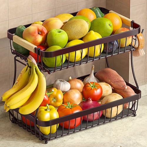 Sevenblue 2-Tier Fruit Basket with Banana Hangers, Detachable Metal Bowl - color: Brown, size: 2 Tier