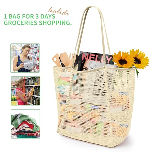 KALIDI Beach Mesh Tote Bag, Casual MAX 23L Summer Foldable Hobo Bag Women - color: Beige Khaki