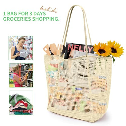 KALIDI Beach Mesh Tote Bag, Casual MAX 23L Summer Foldable Hobo Bag Women - color: Beige Khaki