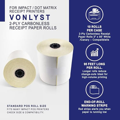 2-Ply Carbonless Receipt Paper Rolls 3" x 95' White/Canary – Compatible with Epson ERC-30 / ERC-34 / ERC-38 – 10 Rolls + 1 Replacement Printer Ribbon by Vonlyst