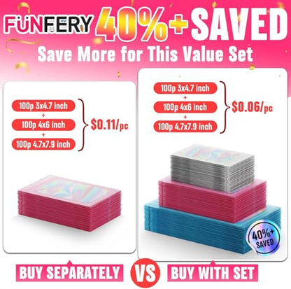 Funfery 300 Pack 3 Size Mylar Holographic Bags with Clear Window,Black - color: Black, size: 4.7x7.9+5.5x7.9+6.3x9.4 Inch