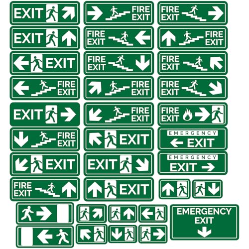 CVANU FIRE EXIT - Safety Sign Board With Running Man With Arrow (Up Down Right Left symbol), EMERGENCY EXIT Sticker With Safety Message-Green colour