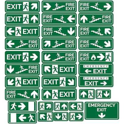 CVANU FIRE EXIT - Safety Sign Board With Running Man With Arrow (Up Down Right Left symbol), EMERGENCY EXIT Sticker With Safety Message-Green colour
