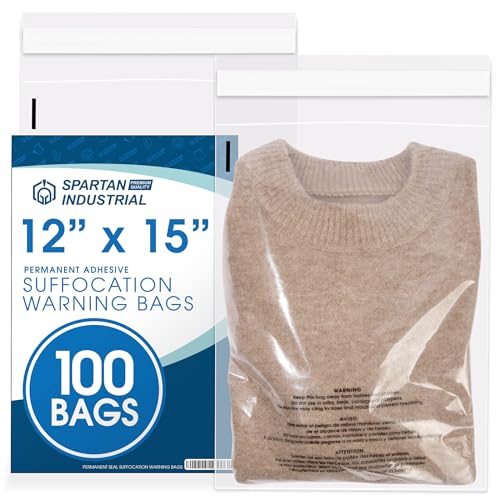 12” X 15” (100 Count) Self Seal Clear Poly Bags with Suffocation Warning - size: 12" X 15"