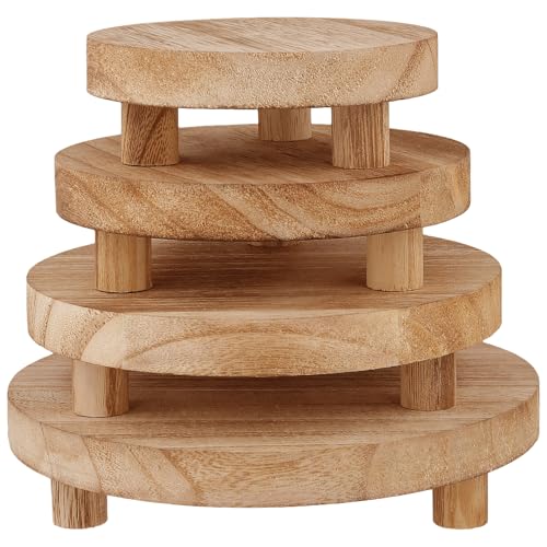 HOZEON 4 PCS Wooden Display Risers, Round Wooden Pedestal Stand for Dessert Display, Kitchen Organization, Retail Display and Home Decor(4 Sizes, Light Brown)