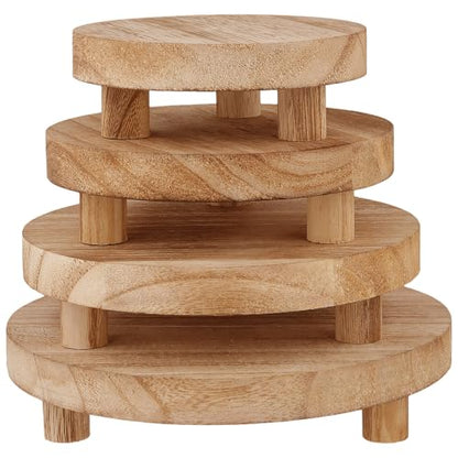 HOZEON 4 PCS Wooden Display Risers, Round Wooden Pedestal Stand for Dessert Display, Kitchen Organization, Retail Display and Home Decor(4 Sizes, Light Brown)