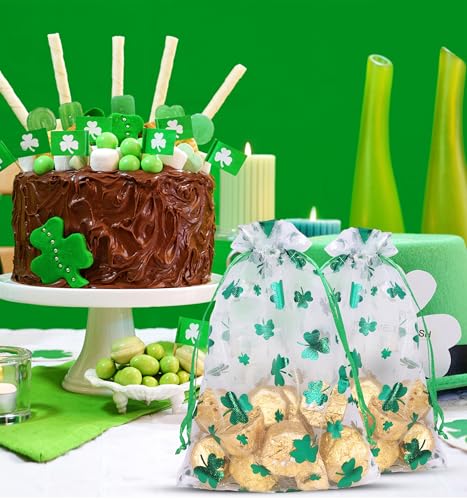 Jexila 50PCS St.Patrick's Day Organza Gift Bags Shamrock Clover Drawstring Goodie Treat Bag St.Patrick's Party Favors for Kids Classroom - color: Green