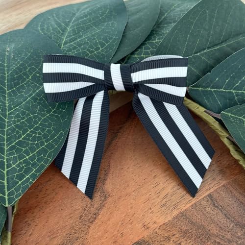 Black & White Striped Pre-Tied Bows - 3" Wide, Set of 12, Halloween, Fall - color: Black/White Stripes