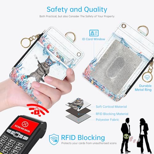 2-in-1 ID Badge Holder & Lanyard Wallet，Cute Zippered Pouch Diving Cat - color: Funny Diving Cat