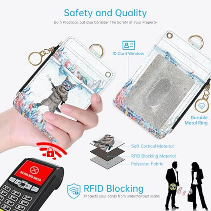 2-in-1 ID Badge Holder & Lanyard Wallet，Cute Zippered Pouch Diving Cat - color: Funny Diving Cat