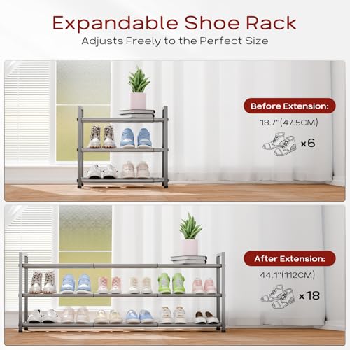 Bumusty 3 Tier Long Expandable Shoe Rack for Closet, Light Grey - color: Light Grey, size: 3-tier