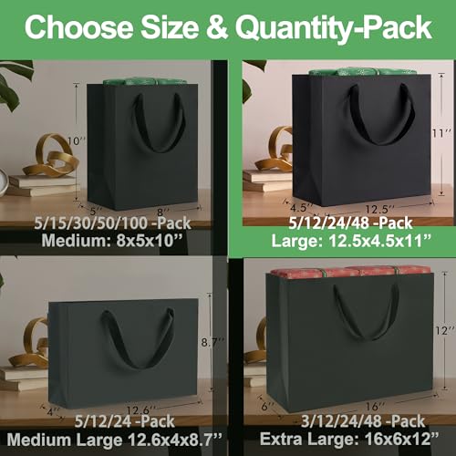 MOXARYSU Large Black Gift Bags: 12.5x4.5x11 Inch 12pcs Kraft Paper Bags Bulk For Party Shopping Birthday Wedding (L,12) - color: L-12-Black