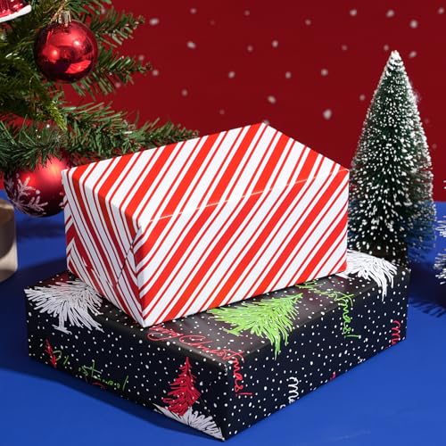 ZINTBIAL Christmas Tree Reversible Wrapping Paper Roll - Gift Wrap with Red & White Stripes on Reverse - Perfect for Holidays, Birthdays, and Halloween - 17.5 in x 33 ft (48 sq. ft) - color: Blcak-Christmas Tree