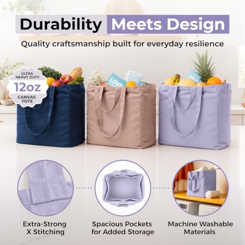 VeraMia Canvas Grocery Bag 3pc XL Set with Real Pockets, Long Shoulder Strap and Short Handle. Heavy Duty, Foldable, Washable - color: Lavender