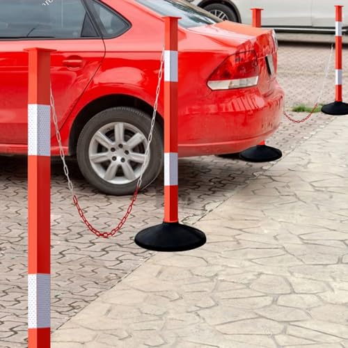 Traffic Delineator Post with Weighted Base & Reflective Collars, Adjustable Parking Cones with 4 FT Chains, Portable Orange Driveway Barrier Pole for Traffic Crowd Control（Patented） - size: 2 Pack-Orange