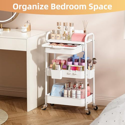 KINGRACK 3 Tier Metal Rolling Cart with Drawer, White Utility Storage Cart - color: White