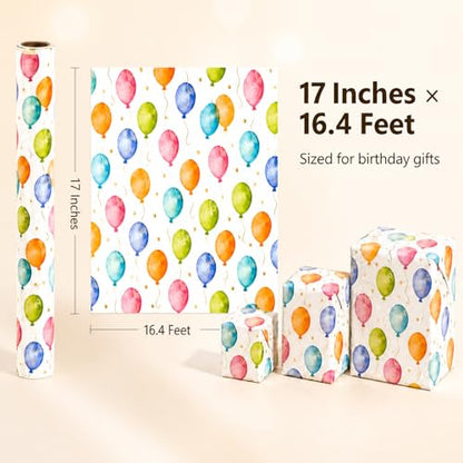 Ulmasinn Birthday Wrapping Paper Roll with Gold Foil Balloons, 17" x 16.4', Thick Gift Wrap for Birthday Gifts, Watercolor Balloon Design, No Creases, for Kids, Adults, Baby Shower and Celebrations - color: Birthday Gold Foil Balloon