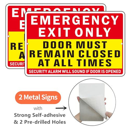 Emergency Exit Only Sign, (2 Pack) Self Adhesive Emergency Exit Sign Sticker for Door, Rust Free and Reflective Aluminum Metal Signs for Wall (9 x 6 inches, Red/Yellow) - color: Red /Yellow