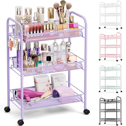 TOOLF 3 Tier Rolling Cart, Metal Utility Storage Cart with Wheels, Purple - color: Purple, size: 3-Tier